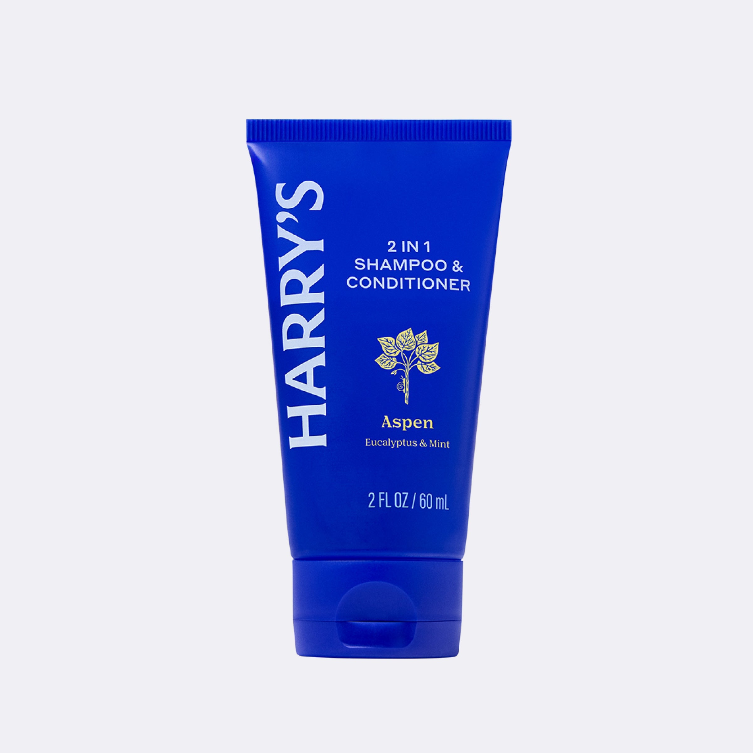 Blue tube of Harry's 2 in 1 shampoo & conditioner on a white background