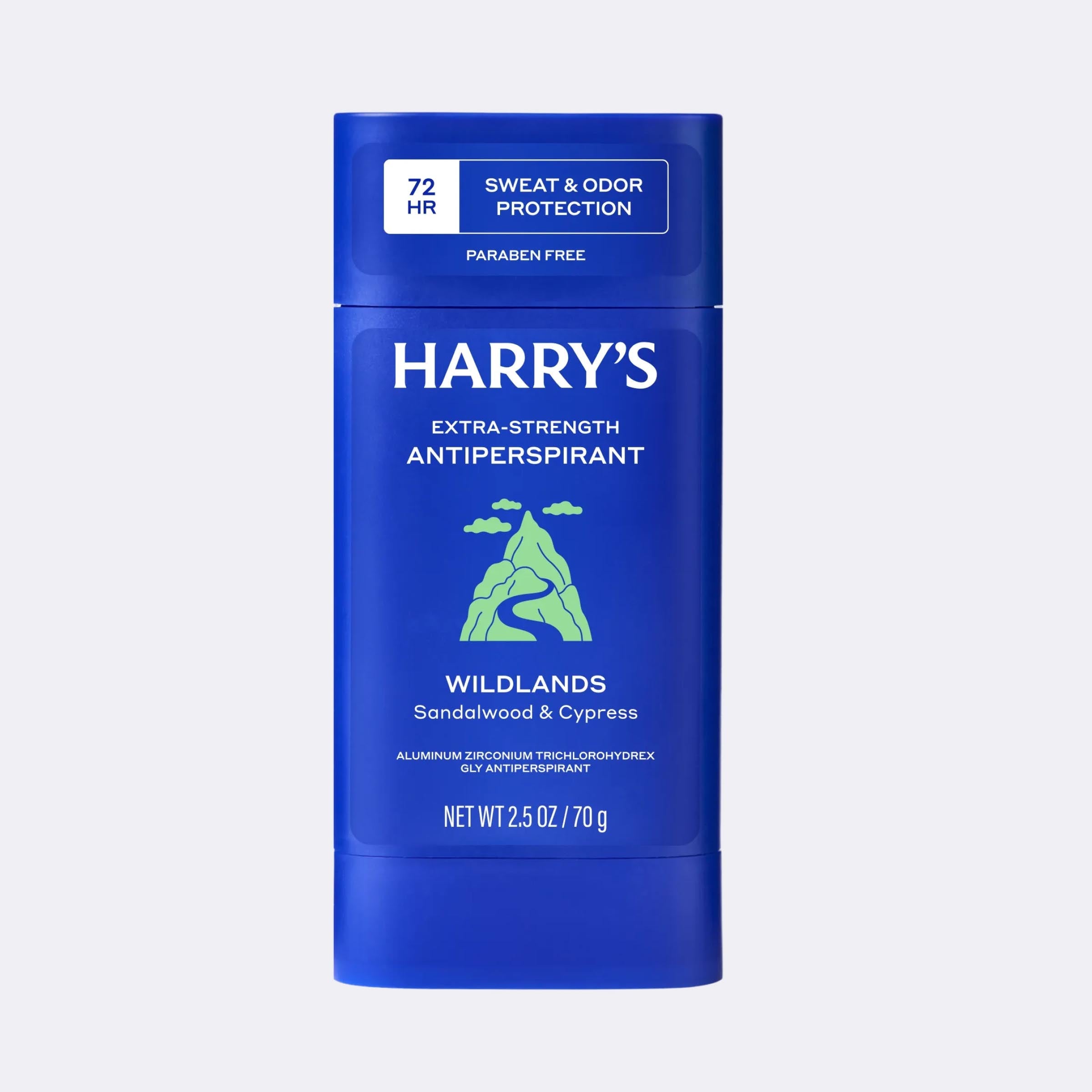 Blue container of Harry's Extra-Strength Antiperspirant on a light gray background
