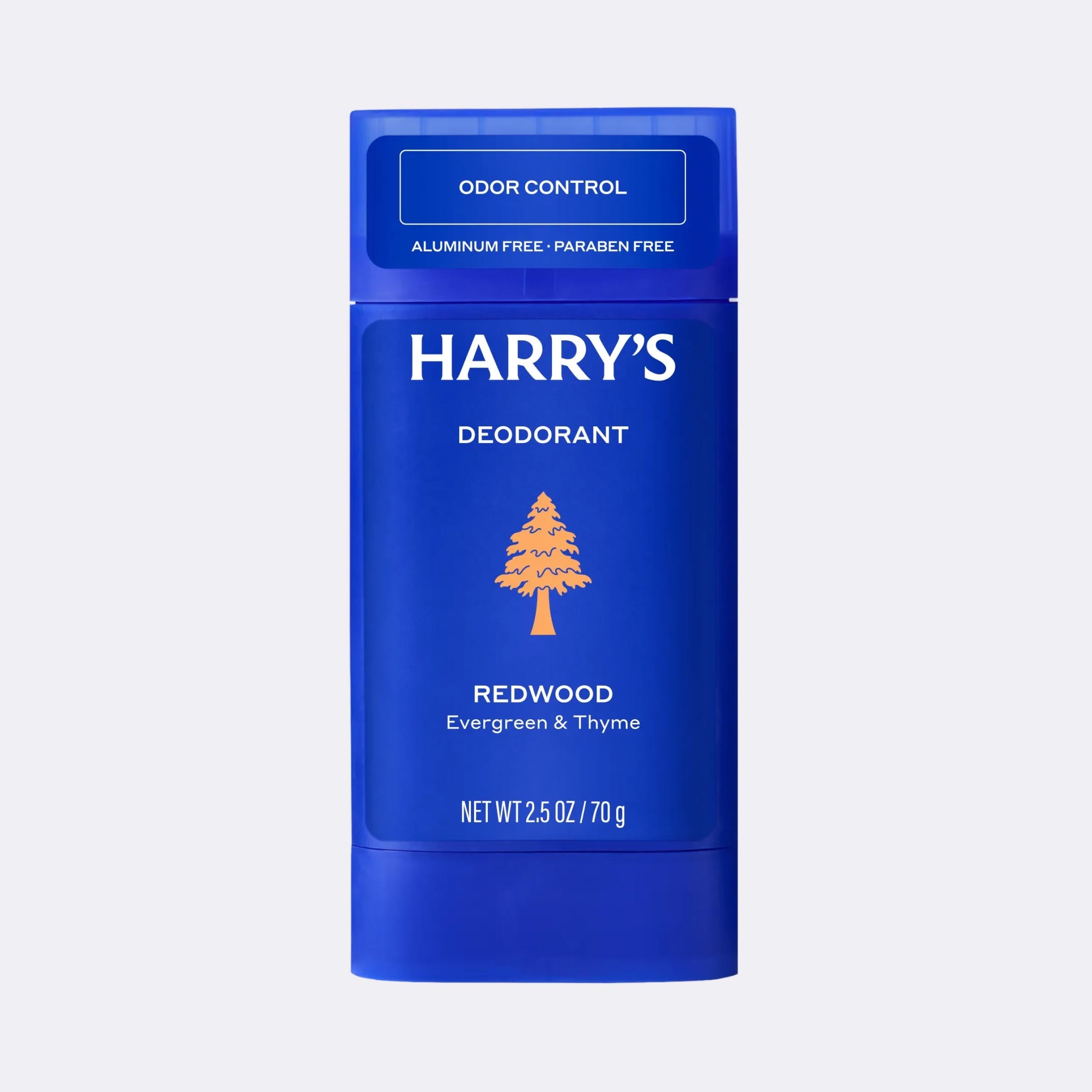 Blue deodorant stick with 'Harry's' branding on a light gray background