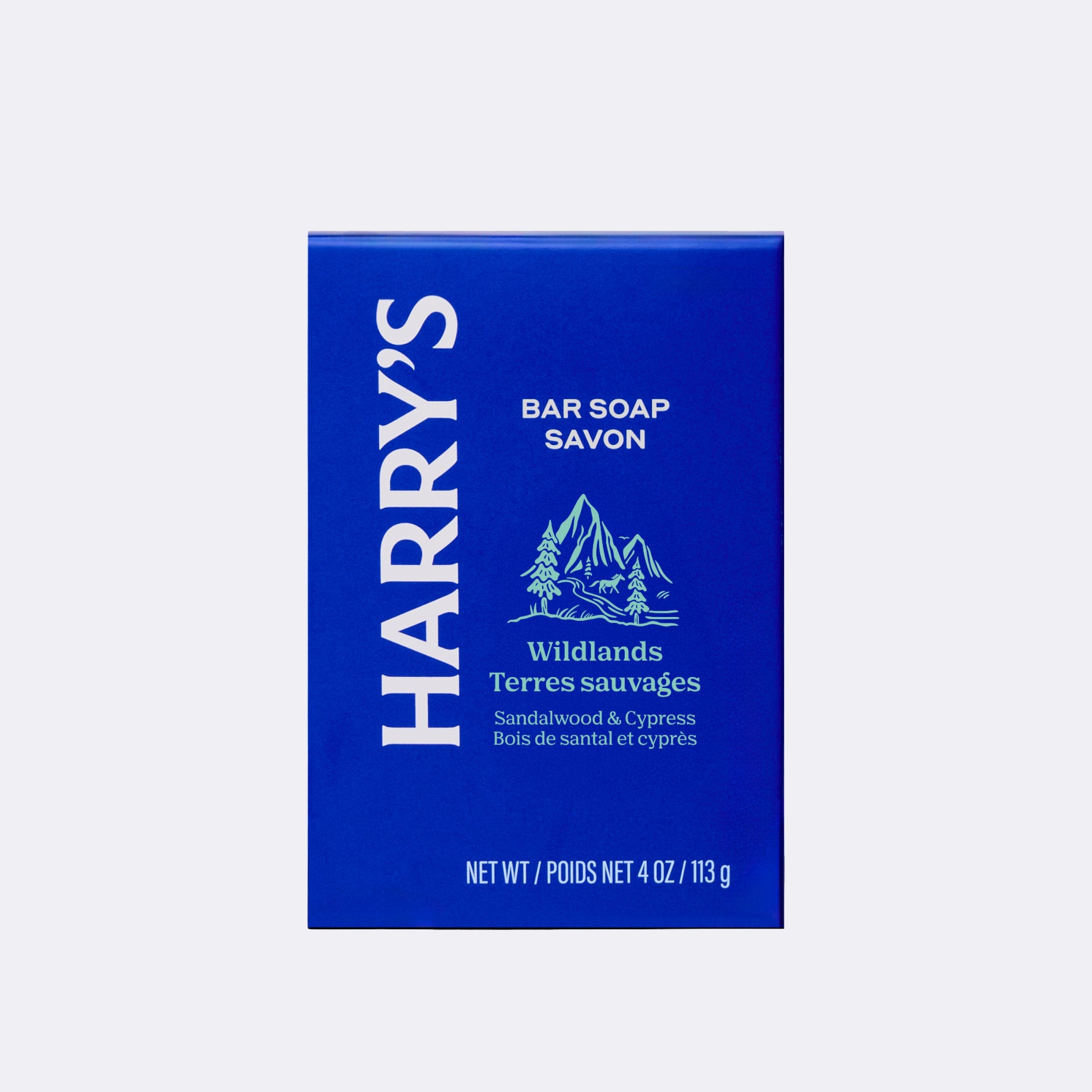 Blue packaging of Harry's bar soap with white text on a light blue background