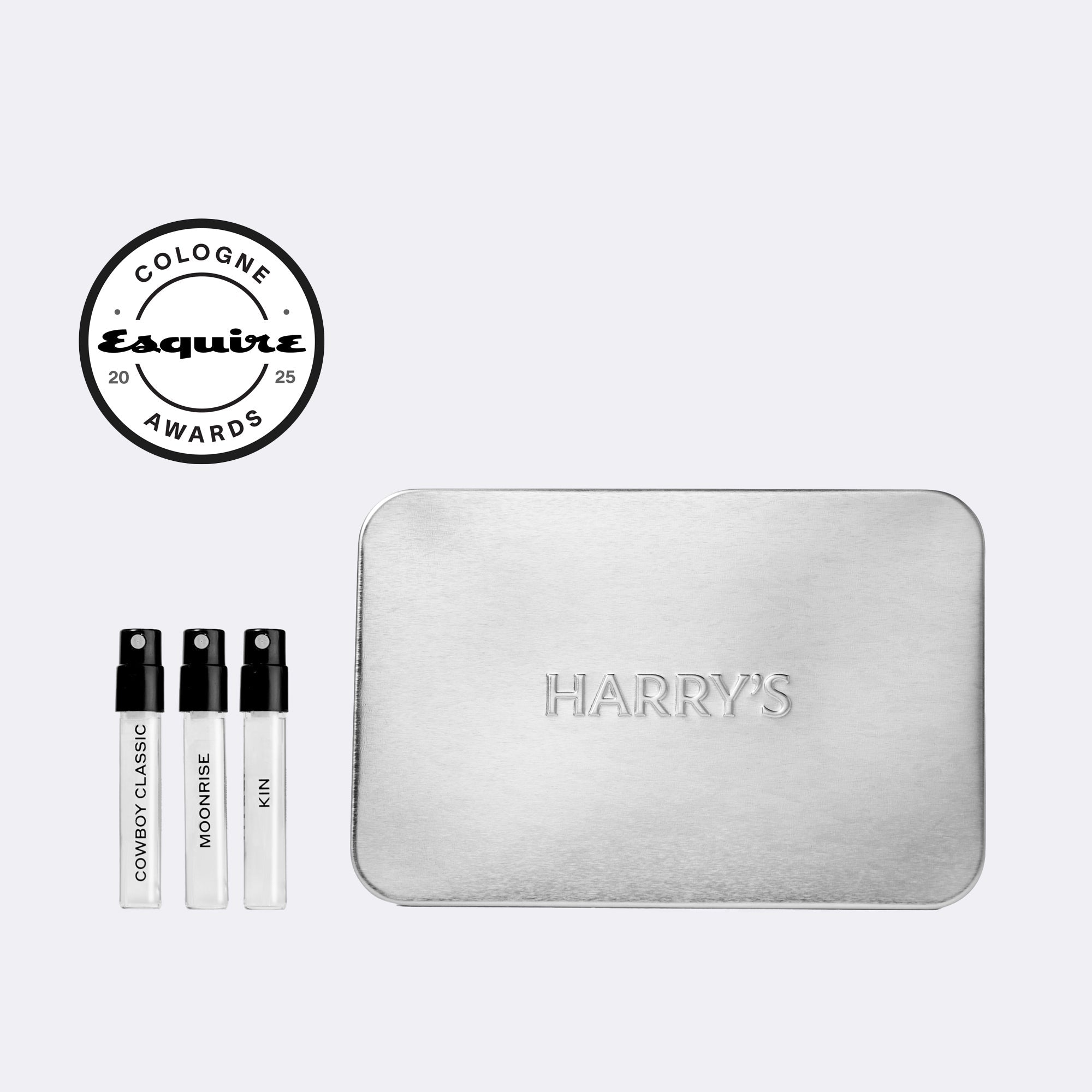 Silver 'HARRY'S' case with three small bottles on a white background, featuring the Esquire Awards logo.
